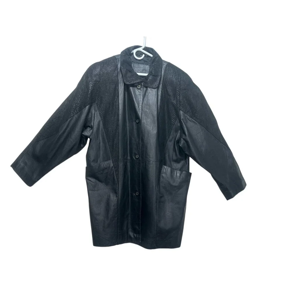 Jaqueline Ferrar Vintage Retro Leather Jacket Coat XL Black Button Down Western